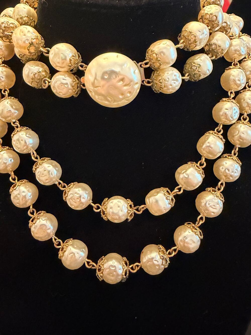 Vintage 80’s Faux Baroque Pearl Necklace cream colored gold-tone bead caps 28”